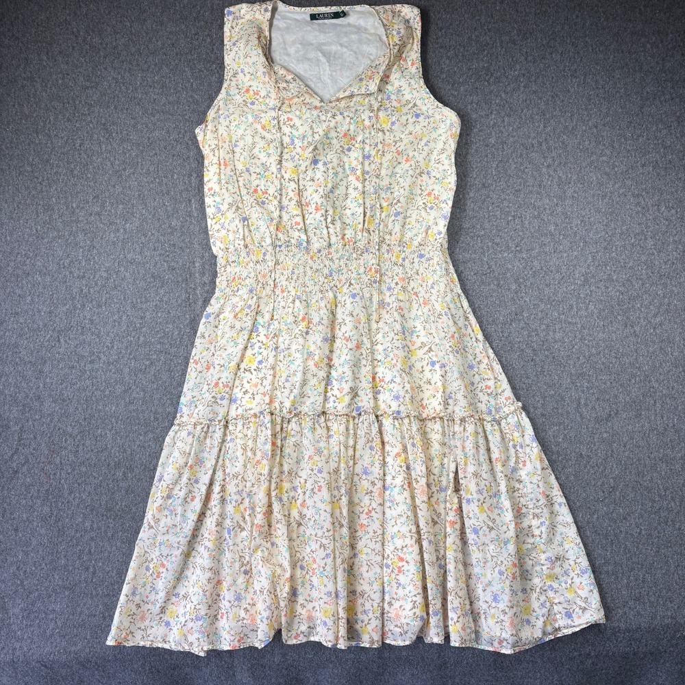 Lauren Ralph Lauren Floral Tiered Smocked Waist Midi‎ Dress Cream Multi Size 16